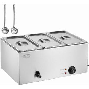 VEVOR 3-Pan Commercial Food Warmer, 24QT Electric Steam Table, 1200W Professional Countertop Stainless Steel Buffet Bain Marie with 86-185F Temp Control for Catering and Restaurants, Silver (3x1/3Pan ;24QT)