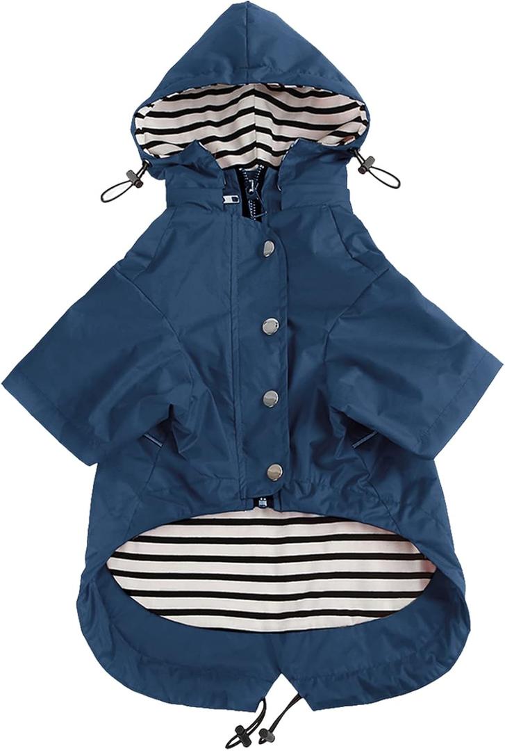 Morezi Dog Zip Up Raincoat with Reflective Buttons, Rain/Water Resistant, Adjustable Drawstring, Removable Hood, Raincoats with Legs 8lbs to 80lbs Available - Dark Blue - XL