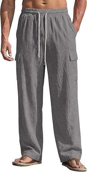Men's Linen Pants Casual Cargo Pants with Pockets Lightweight Elastic Waist Drawstring Pants Baggy Beach Pants 3XL