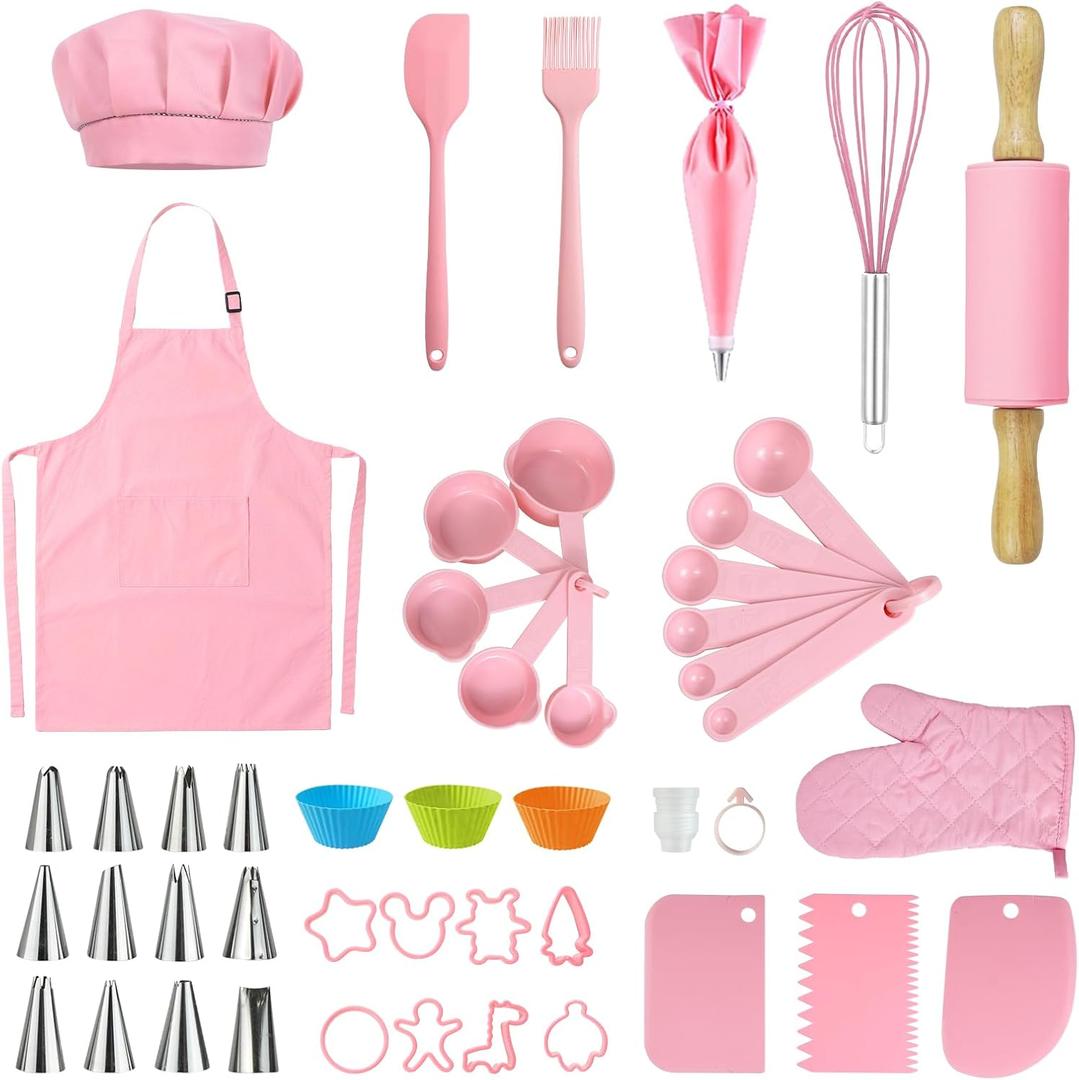47pcs Kids Cooking Baking Set , Kids Chef Role Play Costume Set for Real Cooking , Chef Hat and Apron Cake Biscuit Tools, Birthday for 4 5 6 7 8 9 10 Year Old ,Toddler Dress Up and Pretend Play