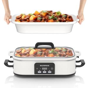 4 Quart Casserole Programmable Slow Cooker with Ceramic Baking Dish - Perfect Kitchen Small Appliance for Family Dinners, Oven Safe and Durable Bakeware for Lasagna, Roasts (White)