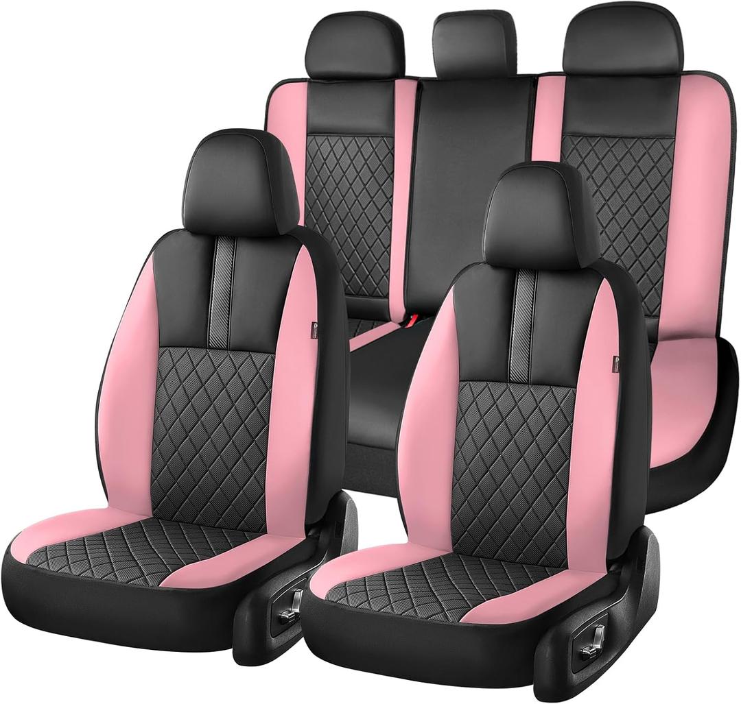 Coverado Car Seat Covers Full Set, Automotive Leather Seat Covers for CarUniversal Fit Front Back Seat Cover, Non-Slip Waterproof Breathable Car Seat Protector (Black/Pink)