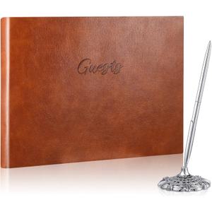 Geyee Leather Guest Book and Pen Stand Set, 10.5" x 8" Embossed Guests Sign in Book Registry Book for Funeral, Wedding Reception, Vacation Homes and Events, 80 Sheets (Brown)