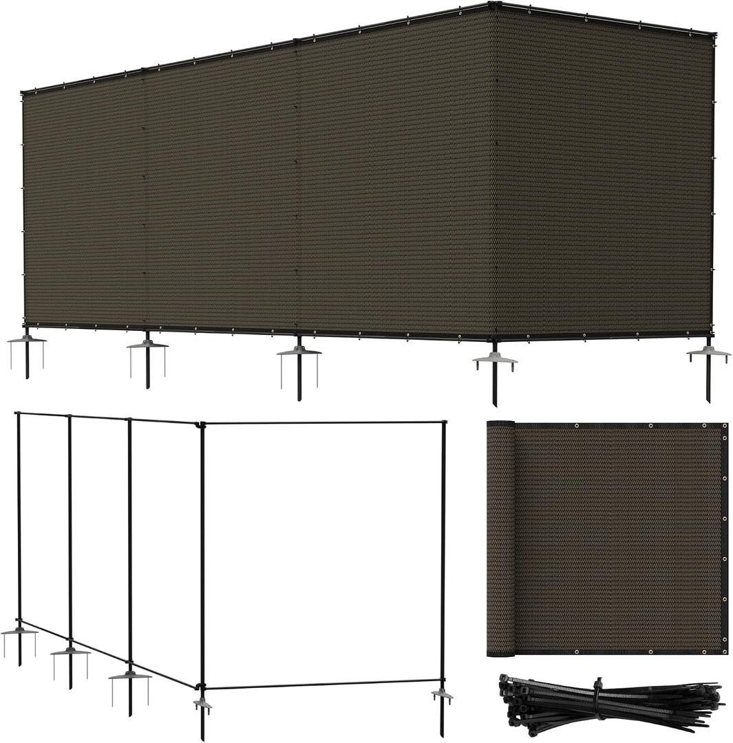 Bynbbur 5'x24' Outdoor Privacy Screen Freestanding with Iron Poles and Stakes, Temporary Dog Fencing, Backyard Divider, Metal Garden Fence for Pool Patio Barrier Border, Brown