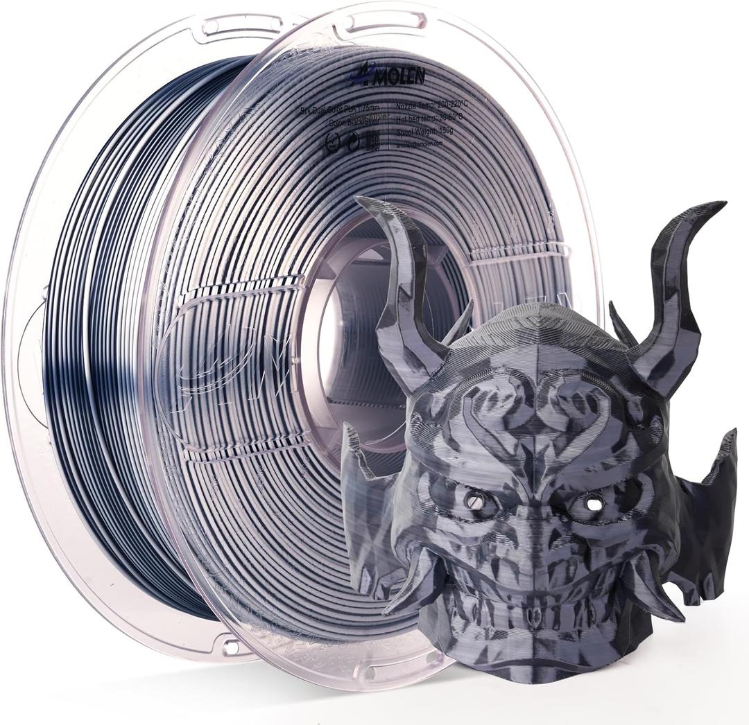 AMOLEN Silk PLA 3D Printer Filament, Dual Color Black Silver PLA 1.75mm, Shiny Color Change Filament 3D Printing PLA Filament for Most FDM 3D Printer, 1kg Spool(2.2lbs)