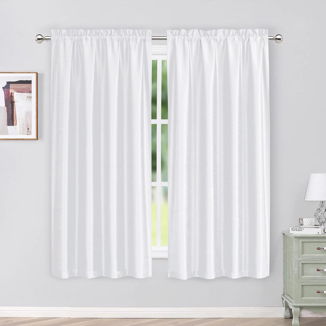 Chyhomenyc Uptown Faux Silk White Curtains 63 Inch Length 2 Panels for Bedroom, Light Filtering Shiny White Soft Fabric Rod Pocket Window Drapes for Living Room, Each 40x63 Inches