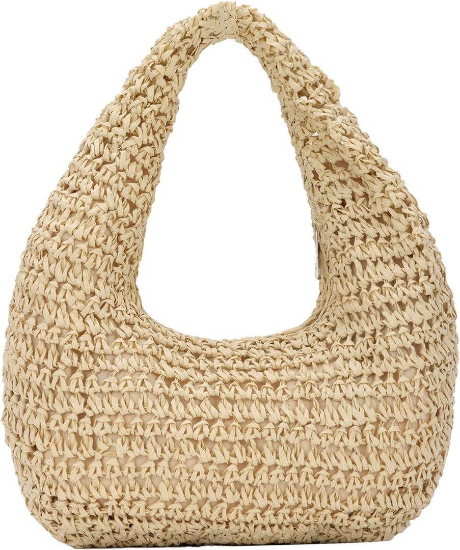 GOKTOW Women Hand Carry Only Straw Bag, Crescent Summer Beach Purse, Soft Faux Straw Tote 2025 (Beige)