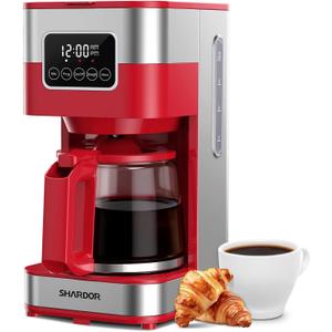 SHARDOR 10-Cup Programmable Coffee Maker, Regular & Strong Brew Drip Coffee Machine for Home and Office, Auto Shut Off, Permanent Filter (Red)