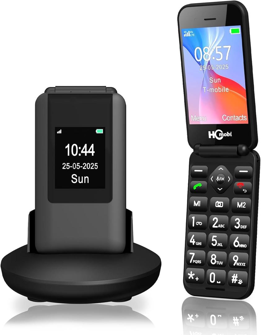 HCMOBI 4G Flip Mobile Phone for Elderly, Big Button Senior Phone, Basic Flip Phone,2.8" +1.5" Dual LCD Screen, 1400mAh Battery,Bluetooth,SOS Button,Camera,FM (Matte black)