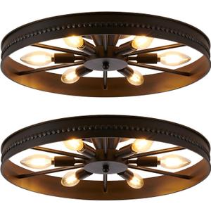 18.8" Ceiling Light Fixture, 6 Light Flush Mount Ceiling Light, Black Lighting fixtures Ceiling Chandelier, Rustic Round Metal Close to Ceiling Lamp for Kitchen Bedroom Dining Room, 2 Pack