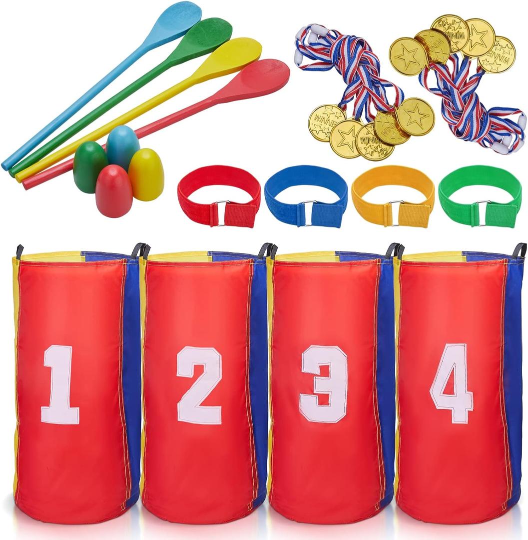 26PCS Outdoor Games Potato Sack Race Bags for Kids and Adults, 3-Legged Race Bands, with Egg and Spoon Lawn Games for Outside Backyard Field Day Birthday Party Games Easter for Kids and Family