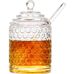Glass Honey Jar with Lid and Dipper, Honeycomb-Inspired Design Container, Heavy Honey Pot for Home Kitchen (10 oz)