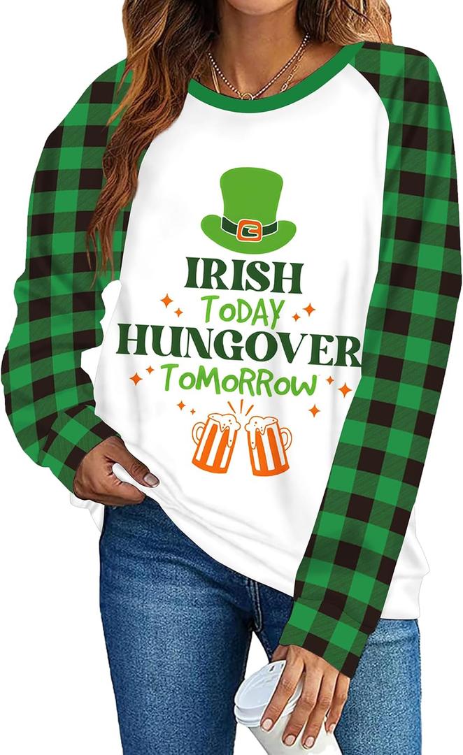 TMSD Women Saint Patrick's Day Sweatshirt Long Sleeve Irish Shamrock Crew Neck Shirt Green Plaid, XL
