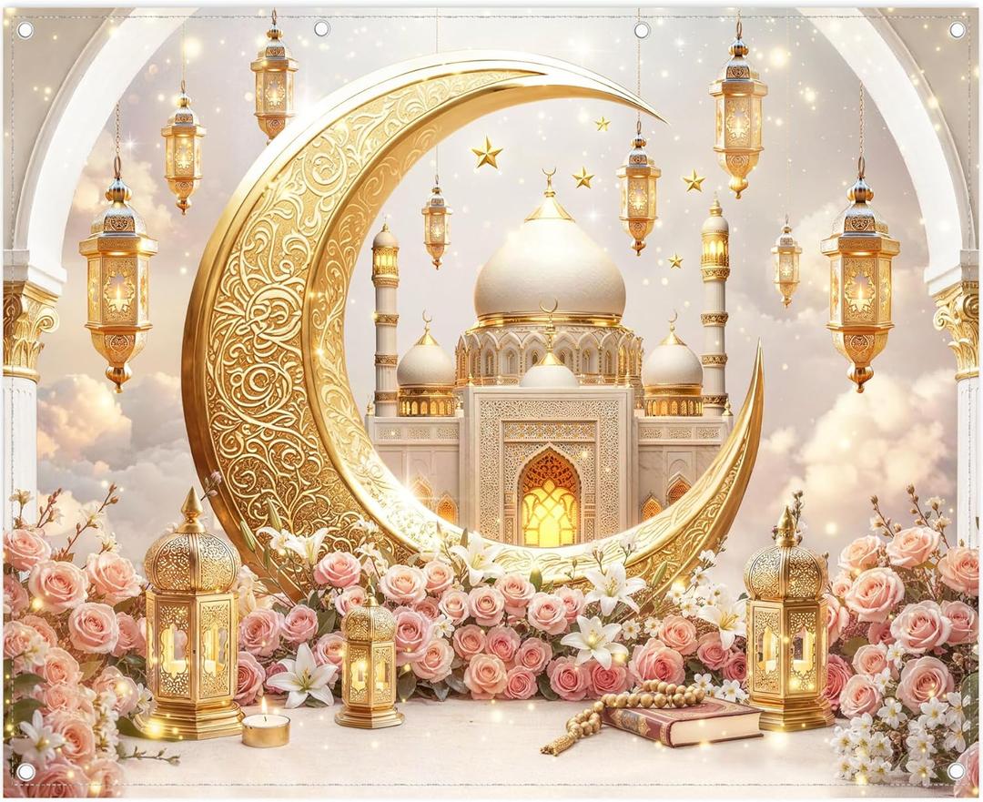 ZTHMOE 2D Digital Printing Fabric 10x8ft Ramadan Mubarak Photography Backdrop Eid Gold Crescent Moon Star Mosque Dome Islamic Muslim Castle Lantern Background Festival Party Decorations Photo Props