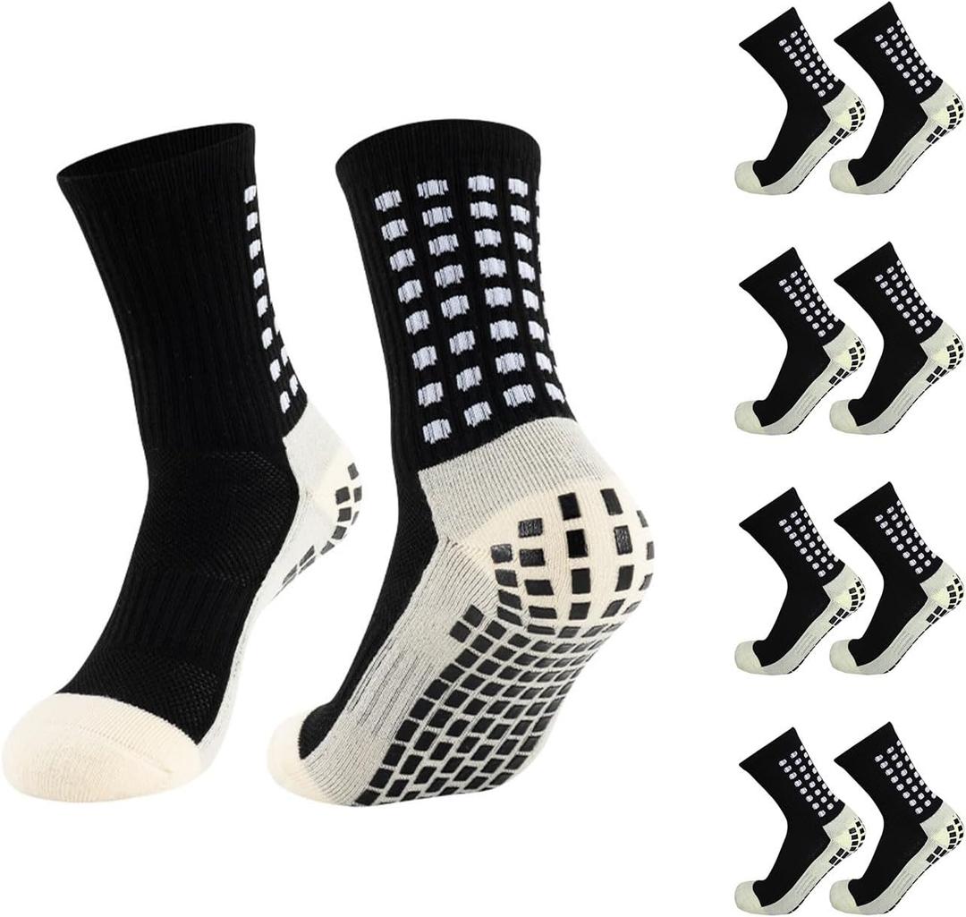 Aimery 4 Pairs Mens Grip Soccer Socks Non Slip Grippy Women Socks for Football Basketball Sports (Black)