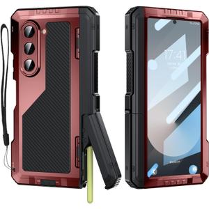 for Samsung Galaxy Z Fold 6 Case with Slim S Pen Holder (2023), Metal Bumper Premium Heavy Duty Shockproof Protective, Hinge Protection, Screen Protector, Rugged Phone Cover 5G, Red