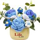Knitting Crochet Flowers Potted Plants, Fake Sunflower and Knitted Puff Flowers for Friends, Family and Lover, Artificial Handmade Flowers for Birthday Wedding Gift and Home Decor (Blue Roses)
