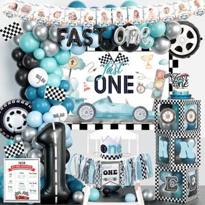 Birthday Decorations for Boys, Birthday Decorations Boy, Vintage Car Themed Backdrop Balloon Banner Boxes Crown Poster for Retro Blue First Party Supplies
