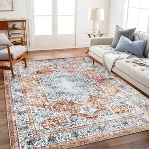 Area Rug 6x9 Washable Rug Tangerine Vintage Traditional Floor Cover Thin Retro Kitchen Indoor Distressed Non Slip Carpet Floral Print Mat Living Room Bedroom Dining Room (6ft x 9ft (Rectangular), Earthy Yellow)