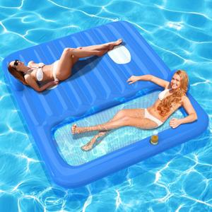 Inflatable Tanning Pool Lounger Float,Lake Floats for Adults - 71" X 71" Large Pool Floats with Headrest and Cup Holder Sunbathing Pool Lounge Raft Floatie Toys Water Filled Bed Mat Pad (blue)