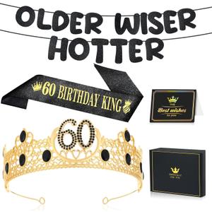 60th Birthday Decorations Gifts for Men, Including 60th Birthday King & Crown & Sash, Older Wiser Hotter Glitter Banner, Happy Birthday Party Prom Decoration For Men Him