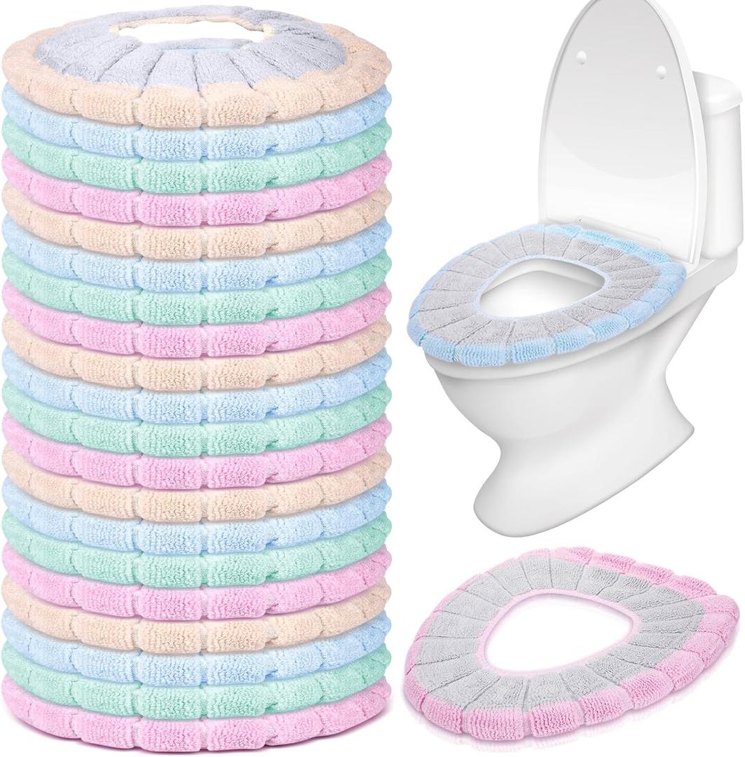 Moukeren 20 Pcs Thicker Soft Bathroom Toilet Seat Cover Pad Round Stretchable Toilet Seat Cushion Comfortable Washable Toilet Seat Warmer for Winter, Easy Installation, 4 Colors