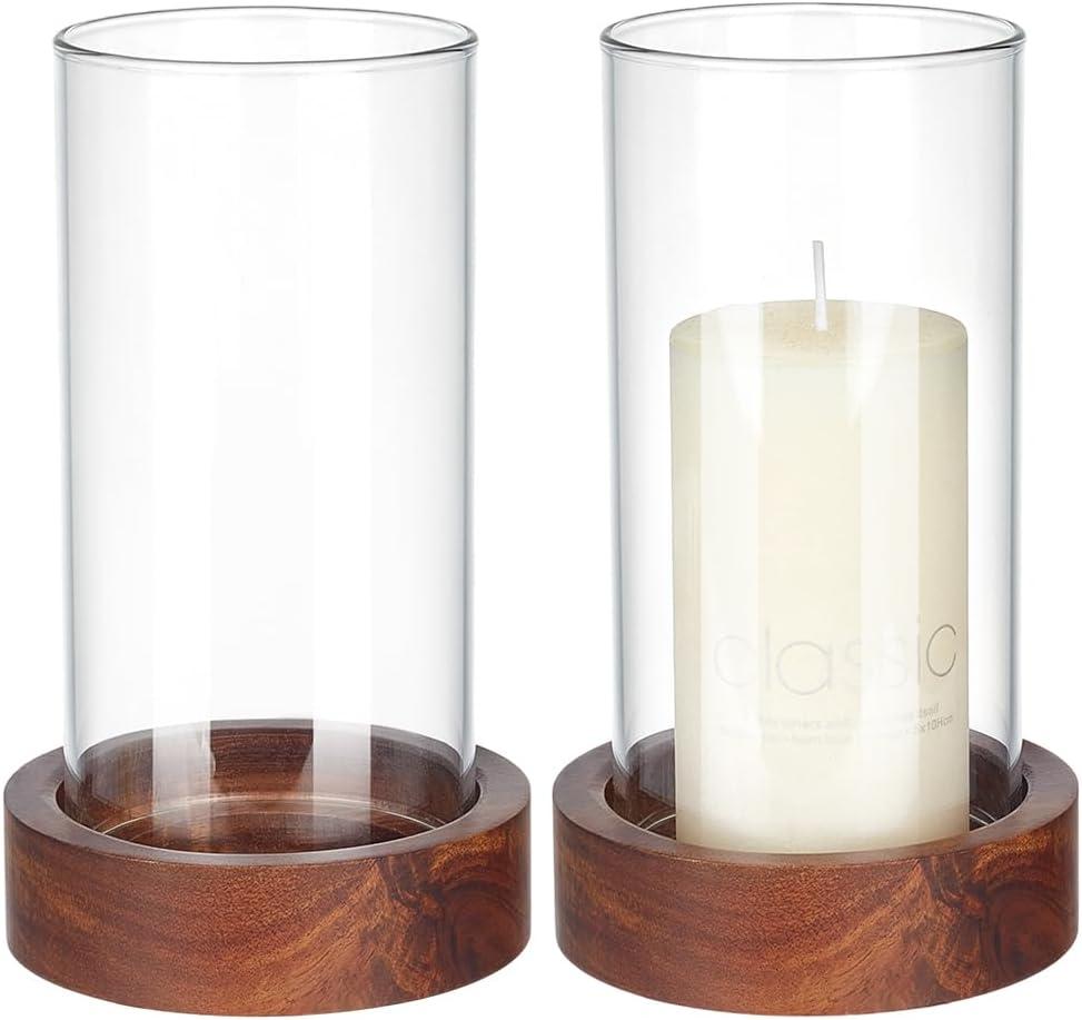 WEBEEDY 2 Sets Hurricane Glass Candle Holders Pillar Candle Holder with Wood Plate Base, Table Decorative, Holder Table Centerpieces for Wedding, Birthday Party, Christmas, Kitchen