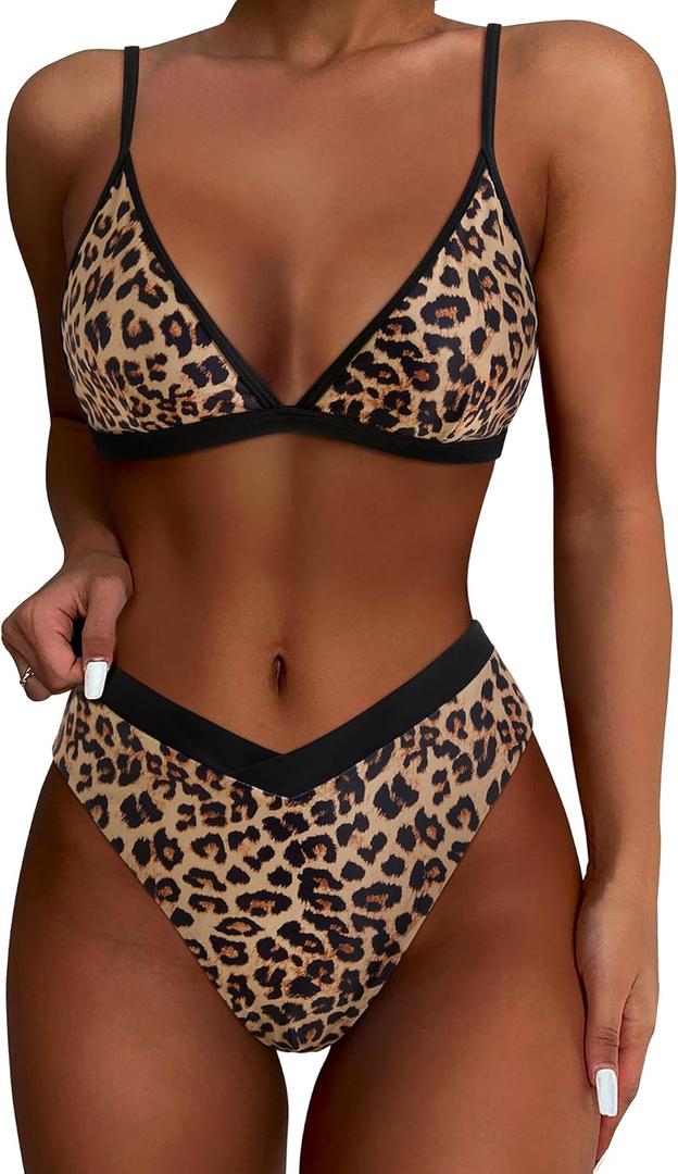 SUUKSESS Women Triangle High Cut Bikini Sets Sexy High Waisted 2 Piece Swimsuit (Medium, 57 Leopard Black)