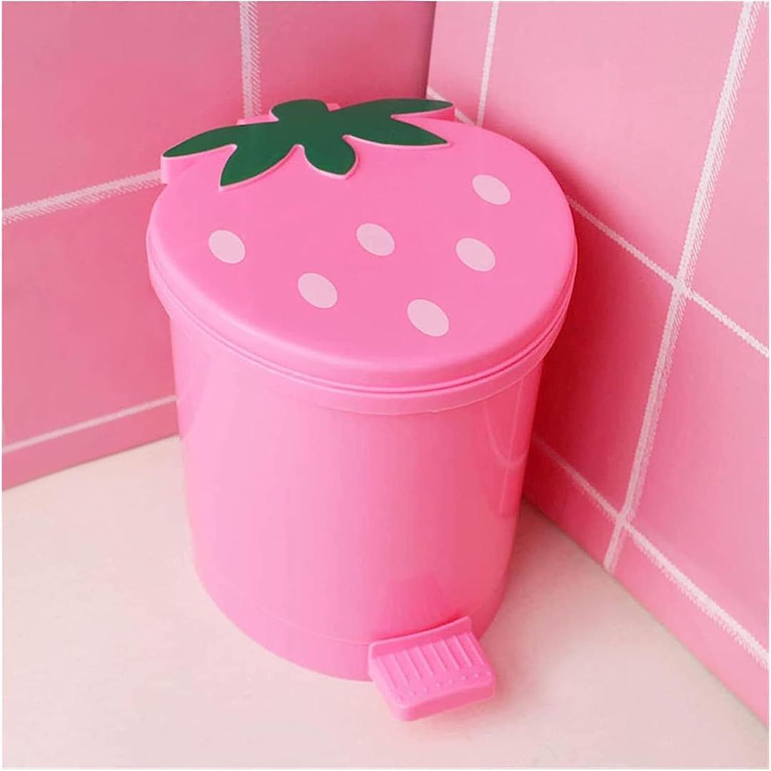 Strawberry Trash Can, 1 Gallon Desk Plastic Cute Trash Can Kawaii Small Srawberry Garbage Can for Bedroom with 5 Rolls Garbage Bag and 20 PCS 3D Cartoon Stickers(Random Style) (Pink)