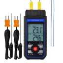 Dual-Channel K/J Thermocouple Thermometer with 4 K-Type Thermocouples -328F ~ 2501F Measurement Range HVAC Temperature Meter Gauge with Data Hold, MAX/MIN/AVG, Hi/Lo Backlit Alarm, ADJ Compensation