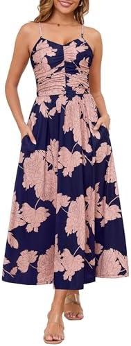 Annebouti Women 2026 Summer Spring Ruched Maxi Dress Adjustable Spaghetti Strap Floral Beach Long Sundress with Pockets, XL