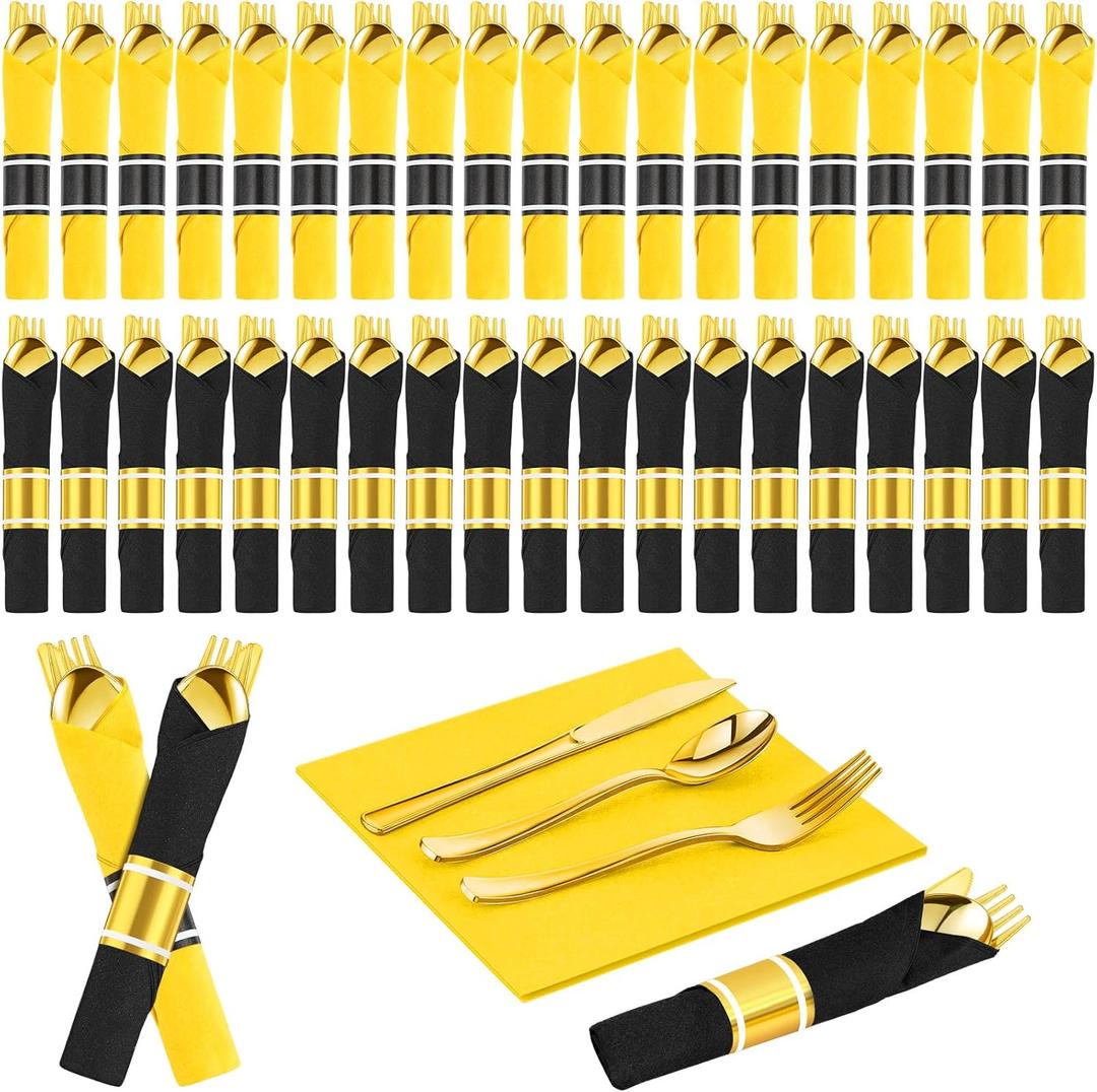 50 Pcs Pre-rolled Halloween Plastic Silverware Set Gold Disposable Plastic Cutlery Set with 50 Black and Gold Napkins, Knives, Forks and Spoons for Business Meeting Halloween Anniversary Party