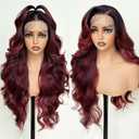 Burgundy Ombre 26 Inch HD Lace Front Wigs for White Women Black Women - Pre Plucked Body Wave Synthetic Wig with Tiny Knots 136 Pre Layered Natural Hairline Glueless Wigs Wear and Go