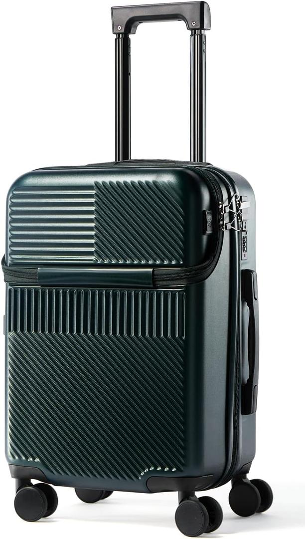 UrbanExplorer 20 Inch Carry-On Luggage with Front Opening, Cup Holder & USB Port, Lightweight ABS+PC Hardshell Spinner Suitcase, Airline Approved, 360 Wheels, Dark Green