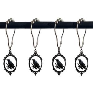 Black Raven Shower Curtain Hooks,12Pcs Halloween Spooky Crow Rustproof Metal Shower Curtain Rings, Gothic Retro Bird Home Bathroom Decor