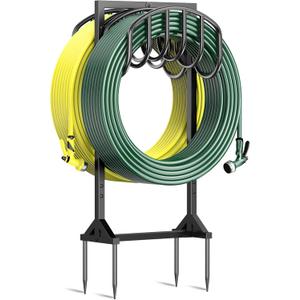 HeroicLion Garden Hose Holder Holds 2 x 151FT Hoses, Heavy-Duty Metal Freestanding Hose Stand Hanger with Stable Base, Rustproof Double Water Hose Holders for Outside Yard Lawn Farm, Black