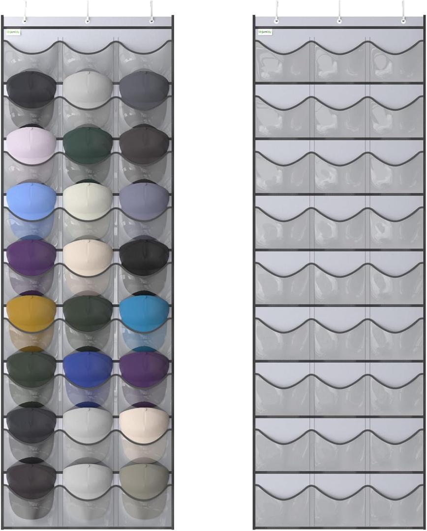 Unjumbly Baseball Hat Rack, 27 Pocket Over-The-Door Hat Organizer with Clear Deep Pockets to Display Baseball Caps Collection, Complete with 3 Over Door Hooks (Grey, 27 Pockets)