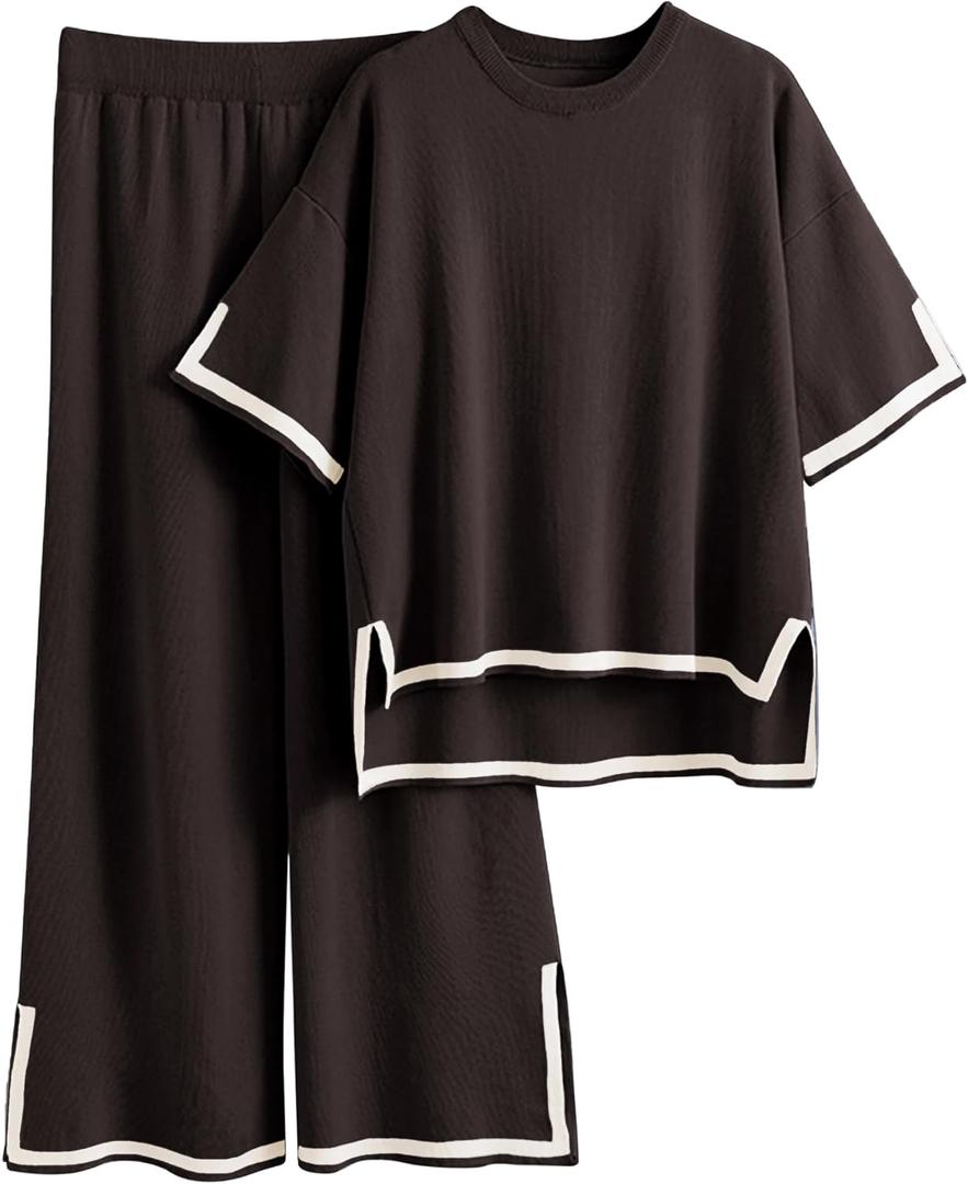 Tanming Sweater Sets Women 2 Piece Lounge Sets Short Sleeve Knit Pullover Tops Wide Leg Pants(Coffee-XL)