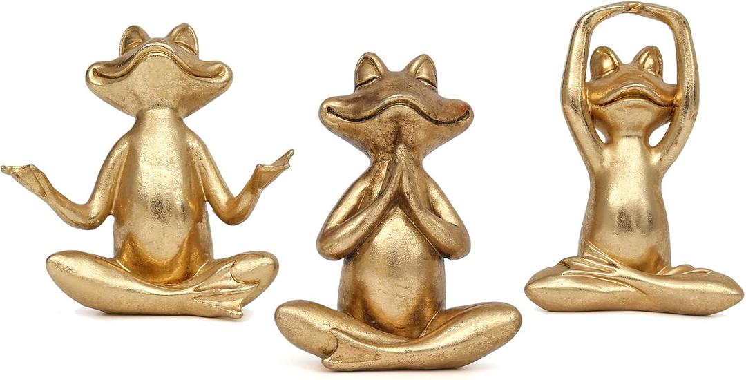 Suoedd Gold Frog Figurines Yoga Decor 3.7In Set of 3 Frog Yoga Statues for Modern Living Room Desk Table Home Office Bookshelf Shelves Sculptures Decor,Gifts for Mom Women