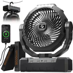 3-in-1 Camping Fan - 36000mAh Detachable Portable Fan Rechargeable with Light & Hook, Battery Powered Fans for Outdoor, Indoor, Tent, Fishing, Travel, Hurricane, Summer Gifts for Men - Black