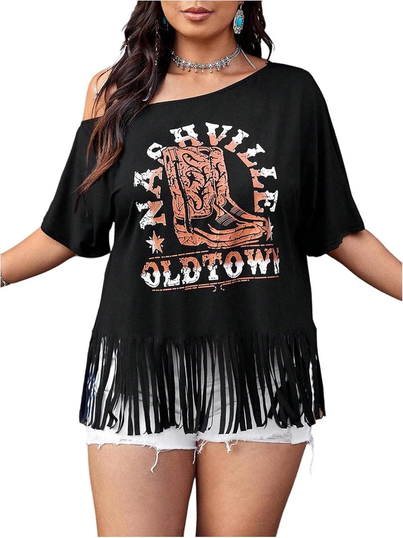 Women's Plus Size Off Shoulder Tops Cowgirls Graphic Tees Short Sleeve Fringe Tassel T Shirts (Black, XL)