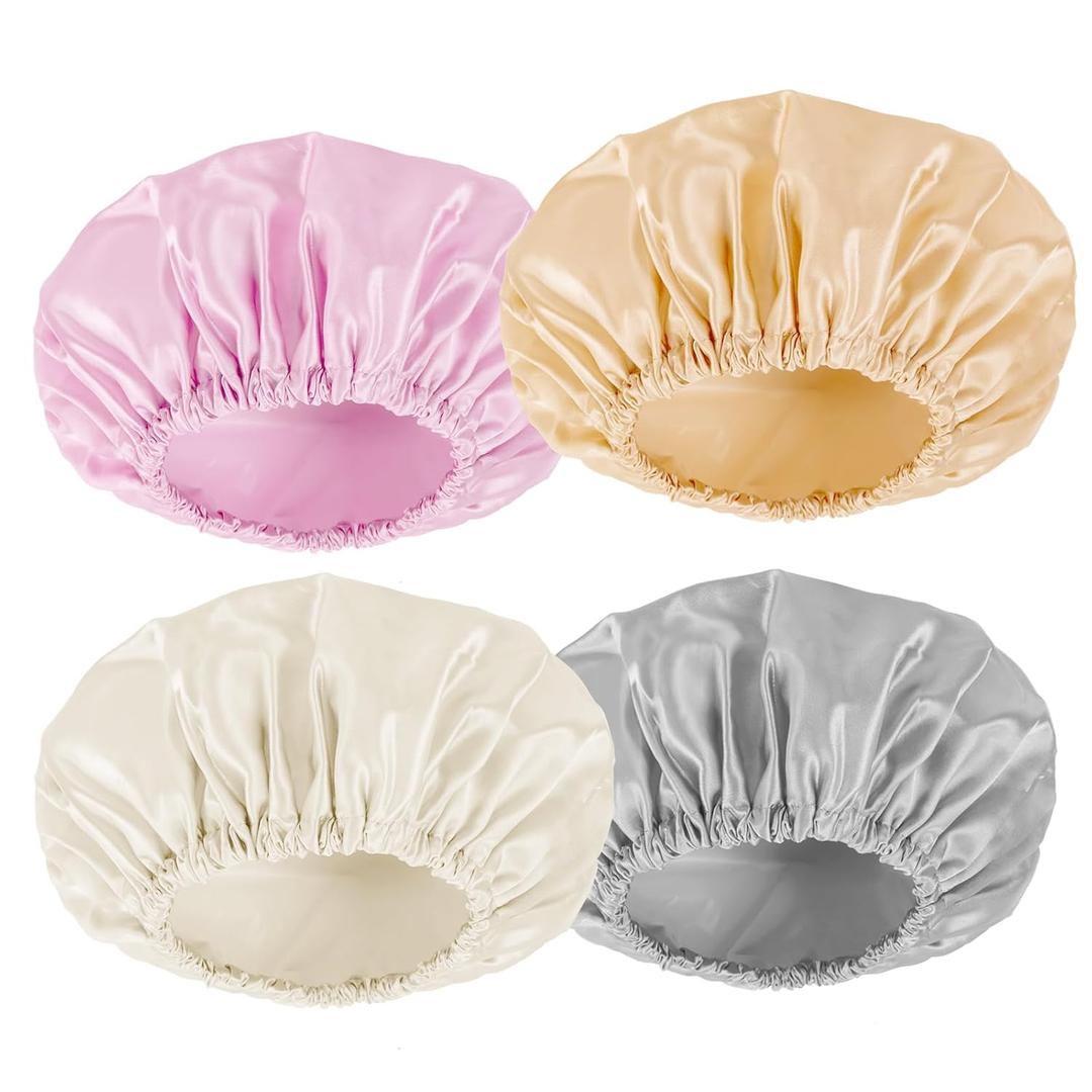 AmazerBath Shower Cap, 4 PCS Shower Caps for Women Reusable Waterproof, Double Layers Hair Cap for Shower, Elastic and Flexi Bath Caps, Environmental Protection Bathing Hat for Adult Kids, Medium Size (Gray- Ivory- Gold- Pink)