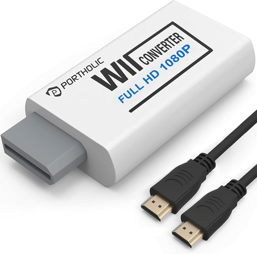 PORTHOLIC Wii to HDMI Converter 1080P for Full HD Device, Wii HDMI Adapter with 3,5mm Audio Jack&HDMI Output Compatible with Wii, Wii U, HDTV, Monitor-Supports All Wii Display Modes 720P, NTS (White)