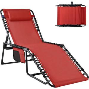 Folding Chaise Lounge Chair with 5-Level Adjustable Backrest, Patio Chaise Lounge Chair w/Head Pillow & Side Pocket for Camping, Pool, Beach and Patio(Red) (Red)