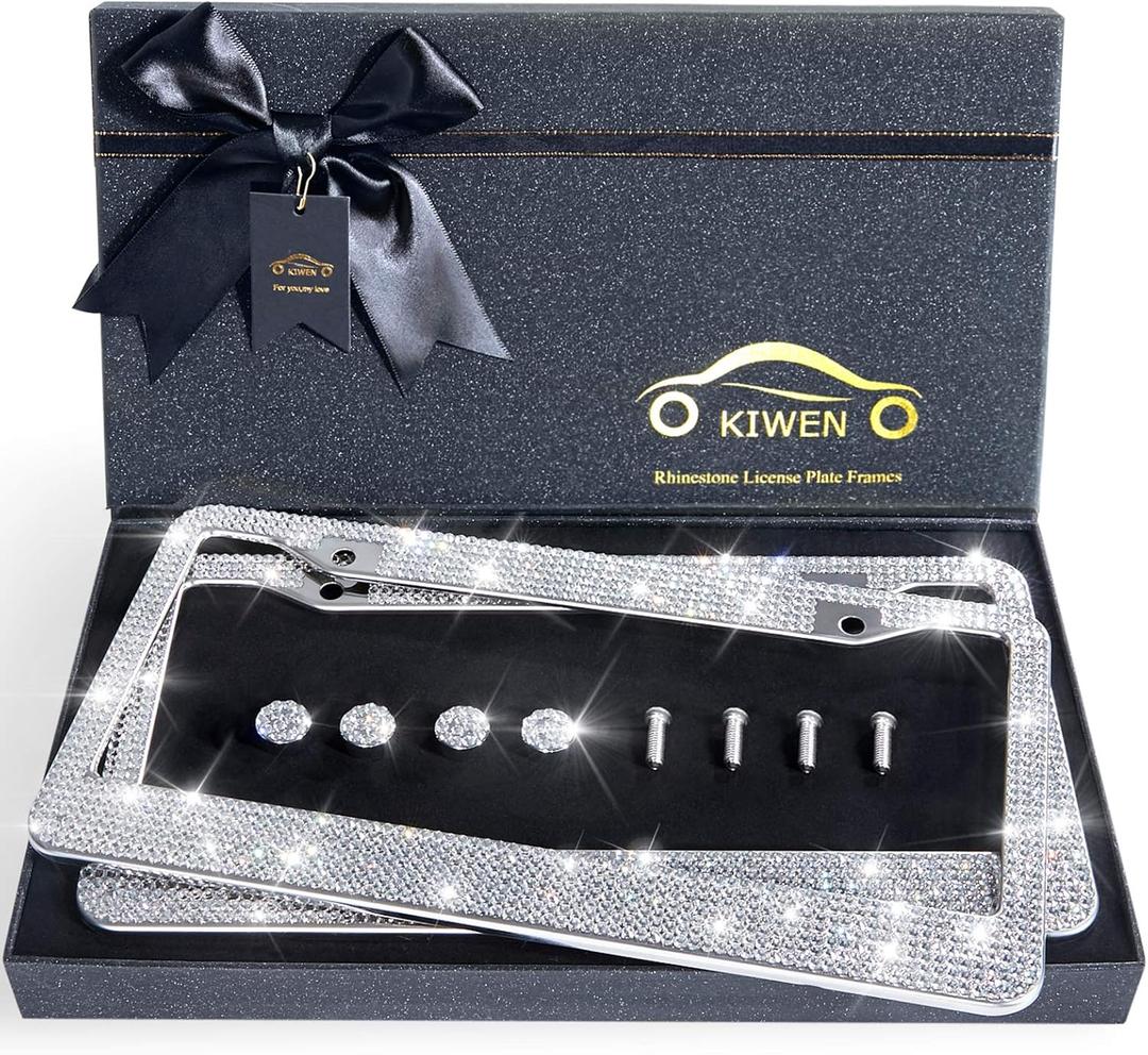 Bling License Plate Frames with High End Ribbon Gift Box,2 Pack Rhinestone License Plate Frame,Handcrafted Crystal Premium Stainless Steel Bling License Plate Frame for Women,Party,Birthday,Xms Gift