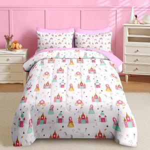 Nesker Zipper Bedding Twin Cartoon Castle Princess Zip Up Bedding Set for Girls and Kids, Cute Horse 3 Pcs Comforter Bed in a Bag with Fitted Sheet and 2 Pcs Pillowcases