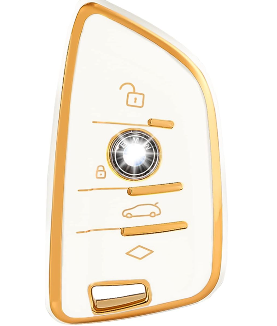For BMW Key Fob Cover with Keychain for 2 5 6 7 Series X1 X2 X3 X5 X6 X7 Premium Soft TPU Key Fob Holder(Gold-White)