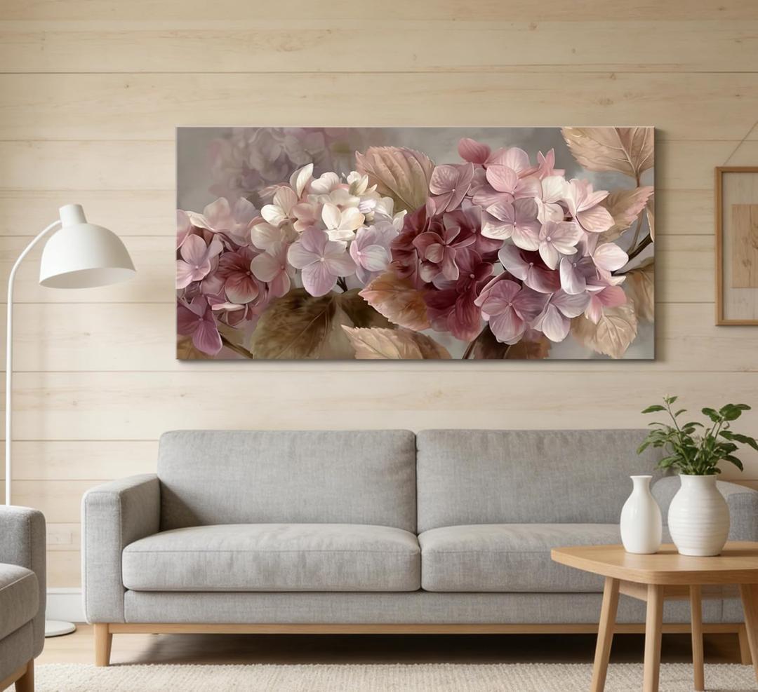 OBTRTS Pink Hydrangea Flower Wall Art, Neutral Floral Canvas Print Poster, Boho Modern Abstract Flowers Wall Decor for Living Room Bedroom, Elegant Home Decoration,, 40"L x 20"W