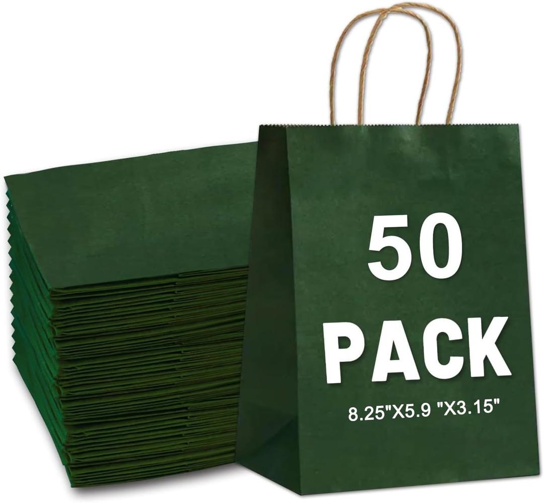 Gift Bags 8.25"x5.9 "x3.15" 50Pcs Paper Bags with Handles,kraft paper Bags for Small Business Christmas Bulk, Wedding, Party Favor, Shopping, Lunch, Halloween Trick-or-Treat (Green)