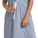 Women's Printed Nightgown, V-Neck Short Sleeve Midi Sleep Dress with Pockets, Loose Fit Comfortable Loungewear (Gray, M)
